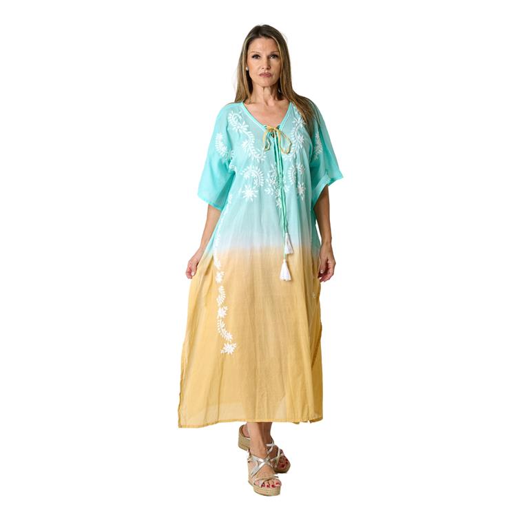 Vestido Kaftan Algodão Bordado | Azul