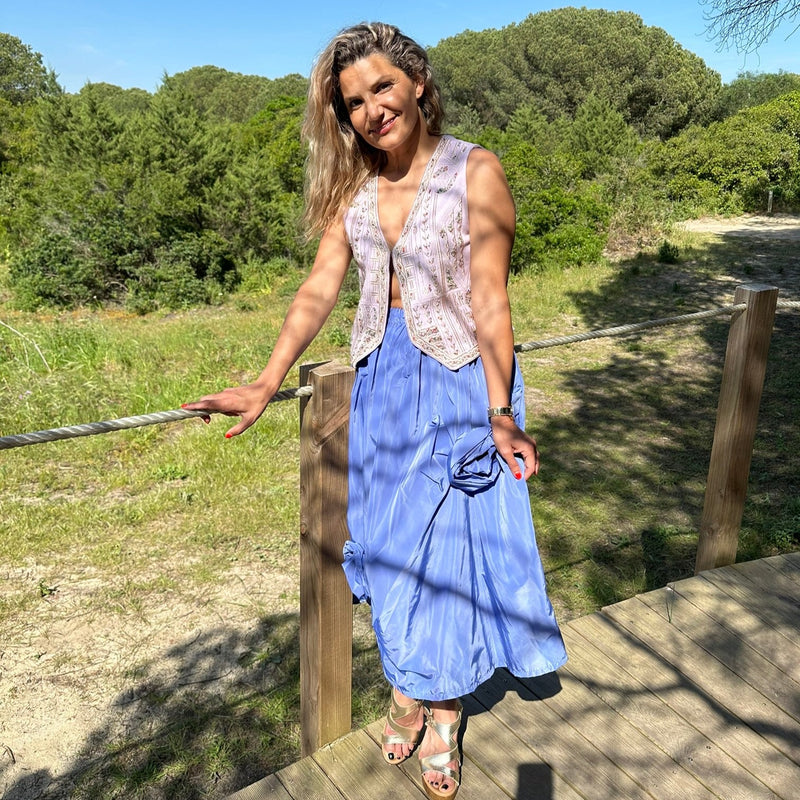 Blue Midi Skirt with Floral Appliques