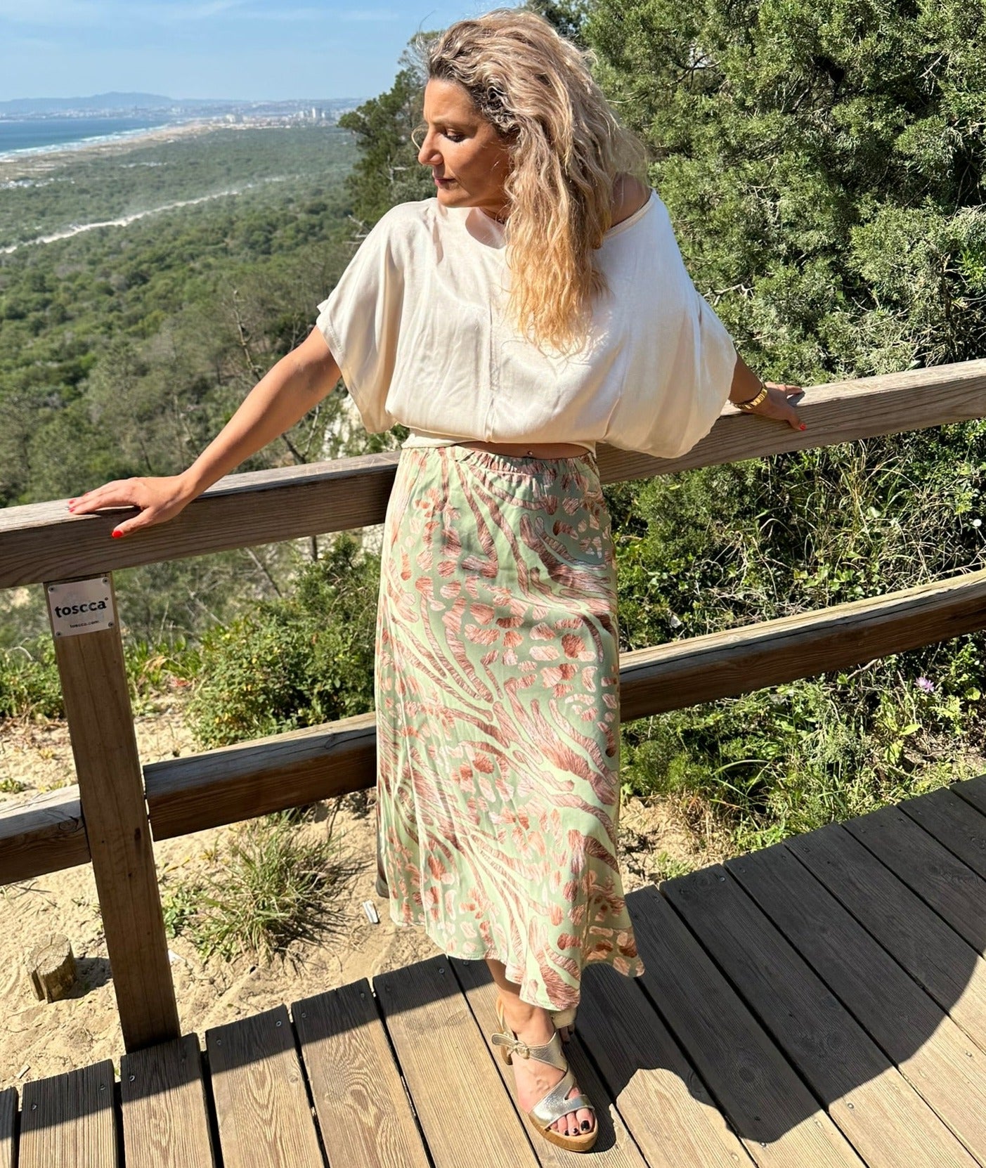 Falda Midi con Estampado Floral Verde 