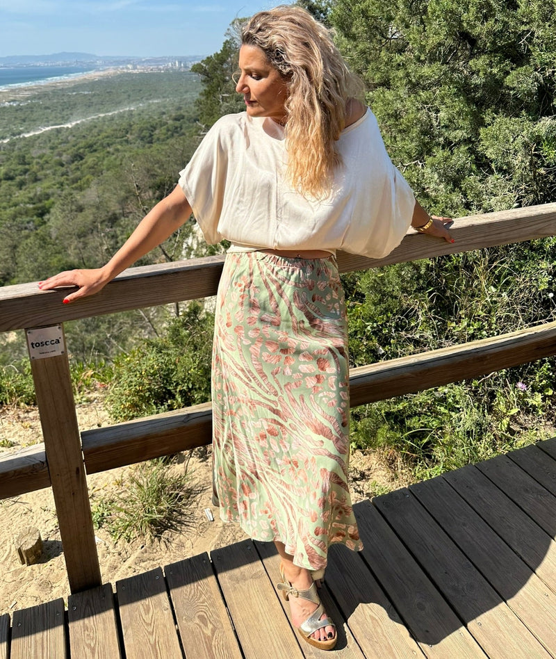 Falda Midi con Estampado Floral Verde 