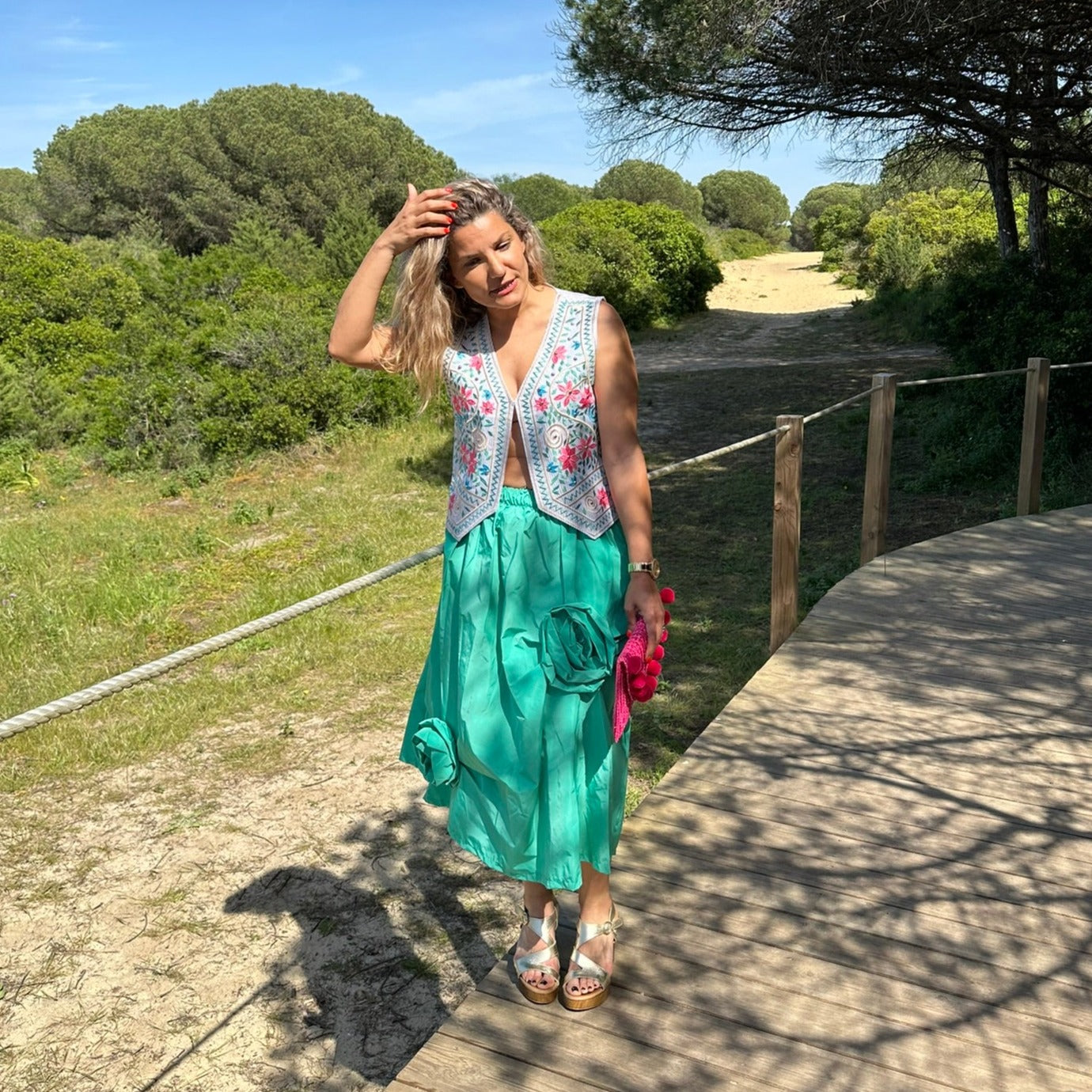 Green Midi Skirt with Floral Appliques