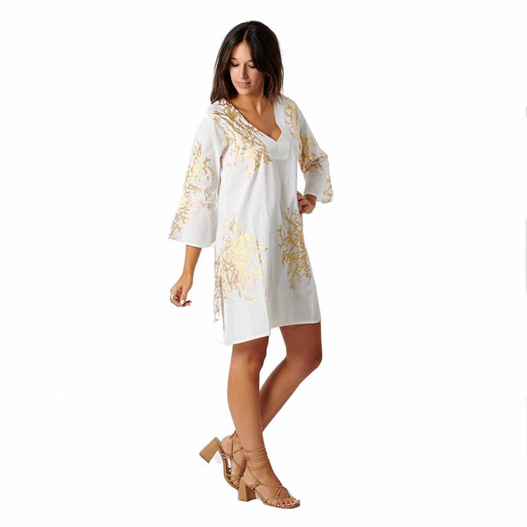 Vestido Curto Corais Dourados | Branco