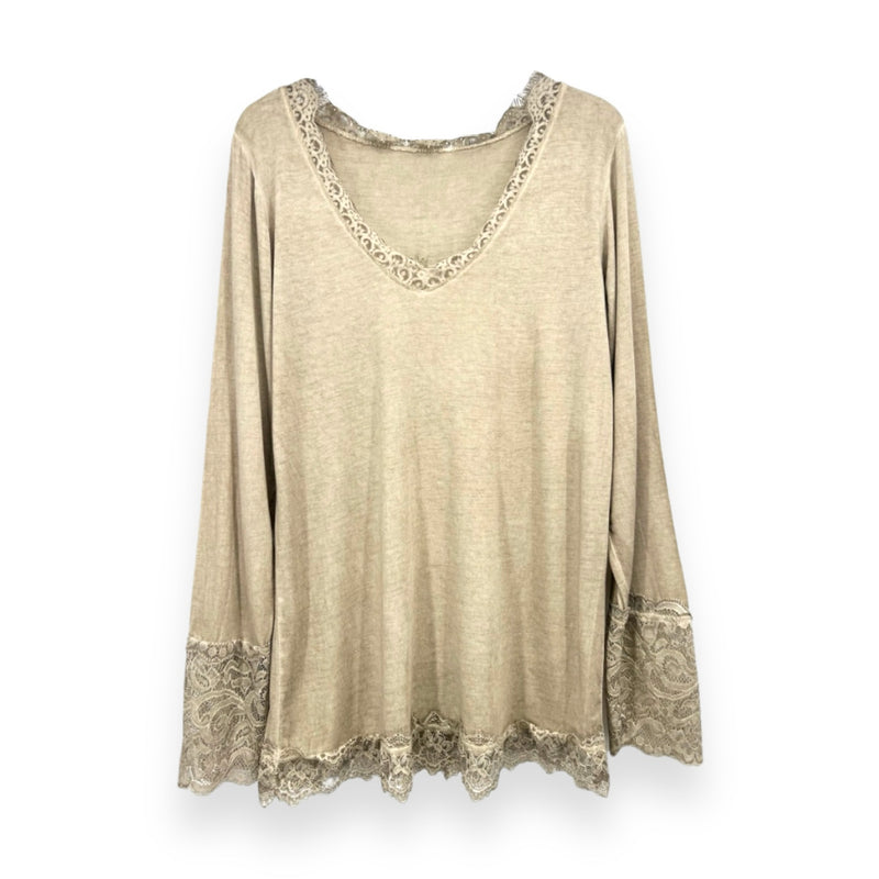 Blusa Malha Fina e Renda (Beige) | Graziela