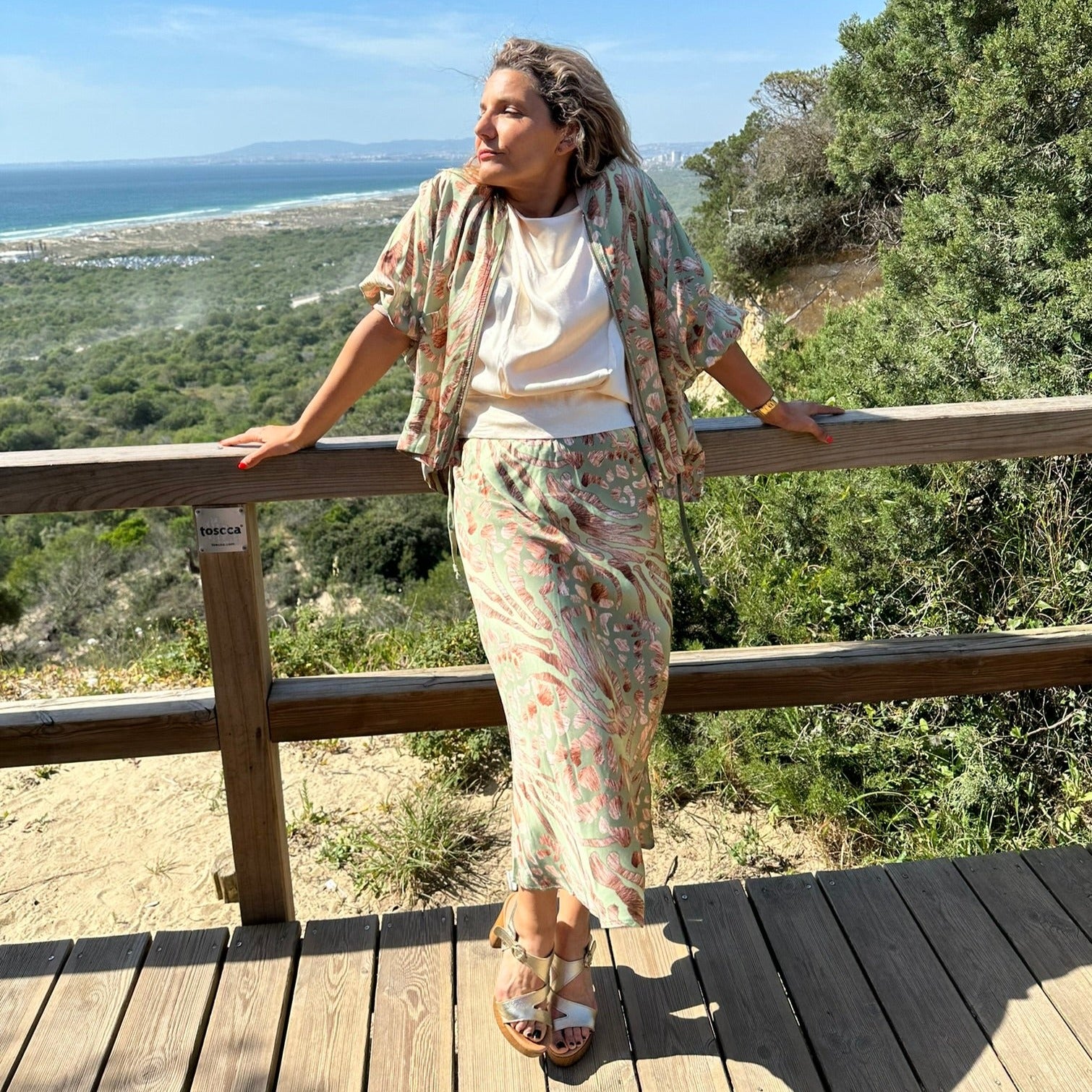 Falda Midi con Estampado Floral Verde 