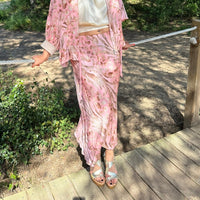 Falda midi con estampado floral rosa 
