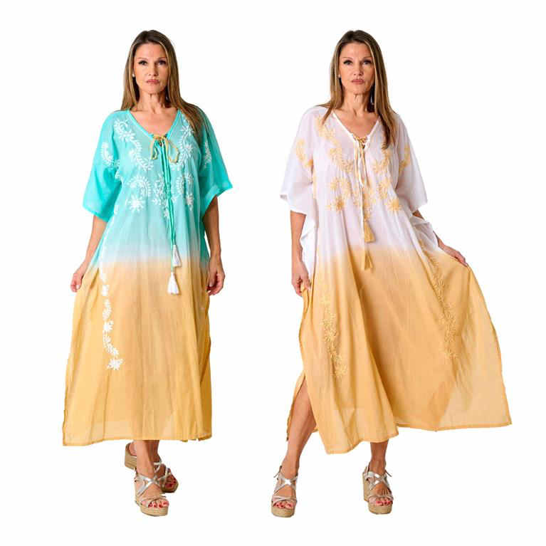 Vestido Kaftan Algodão Bordado | Azul