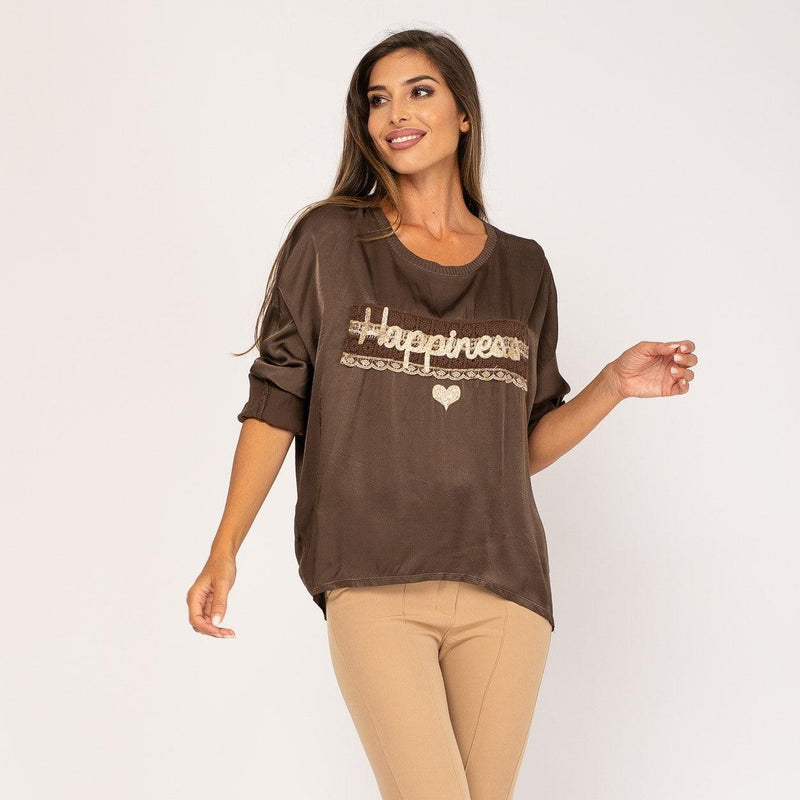 BLUSA HAPPINESS  | CASTANHO - Grine Store | Bijuterias