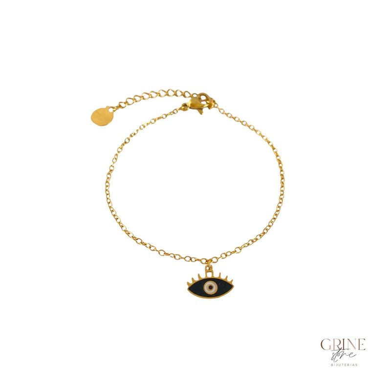 Pulseira corrente fina em aço com olho preto - Grine Store | Bijuterias