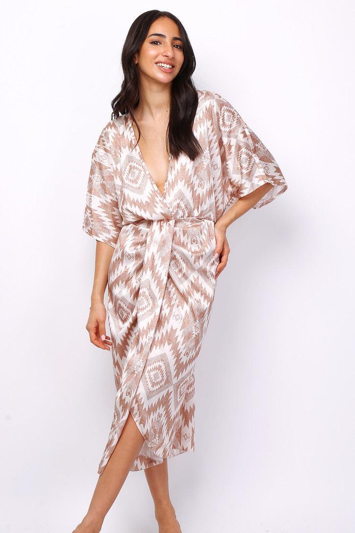 VESTIDO MIDI (BEIGE) | GEOMETRIC - Grine Store | Bijuterias