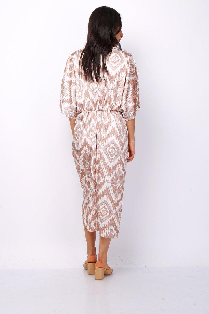 VESTIDO MIDI (BEIGE) | GEOMETRIC - Grine Store | Bijuterias