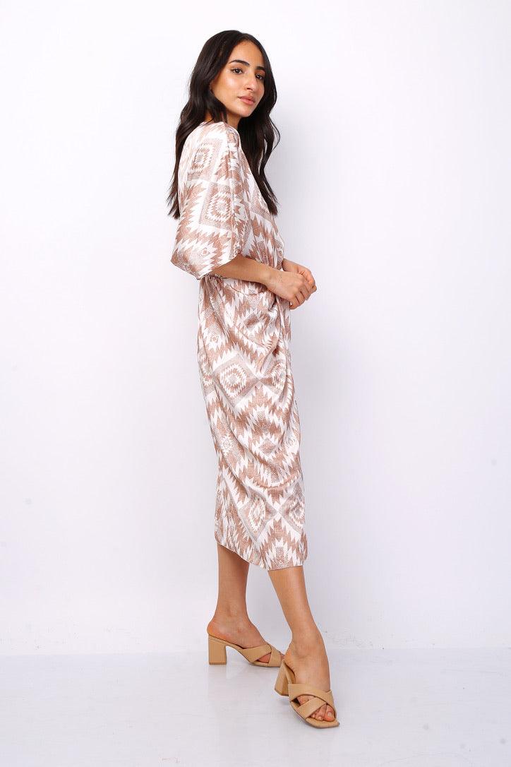 VESTIDO MIDI (BEIGE) | GEOMETRIC - Grine Store | Bijuterias